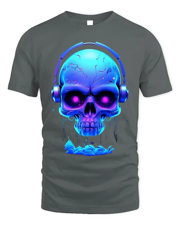 Neon Skull Headphones T-Shirt Cool DJ Glow in Dark - gray t-shirt on white background