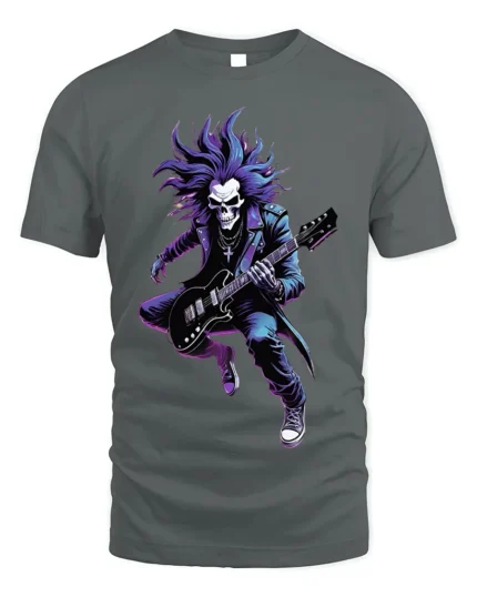 Skull Rock Guitarist T-Shirt for Metal and Rock Fans - gray t-shirt on white background