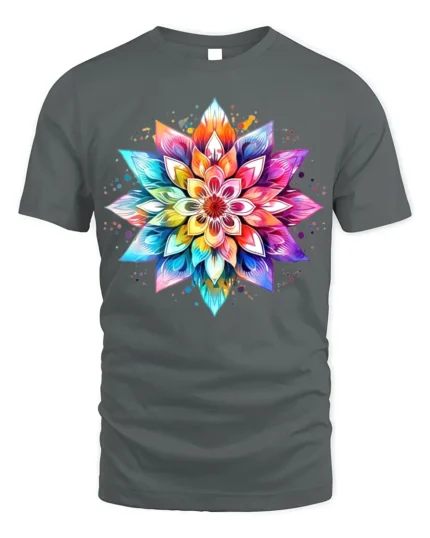 Colorful Mandala Flower T-Shirt for Boho and Yoga Lovers - gray t-shirt on white background