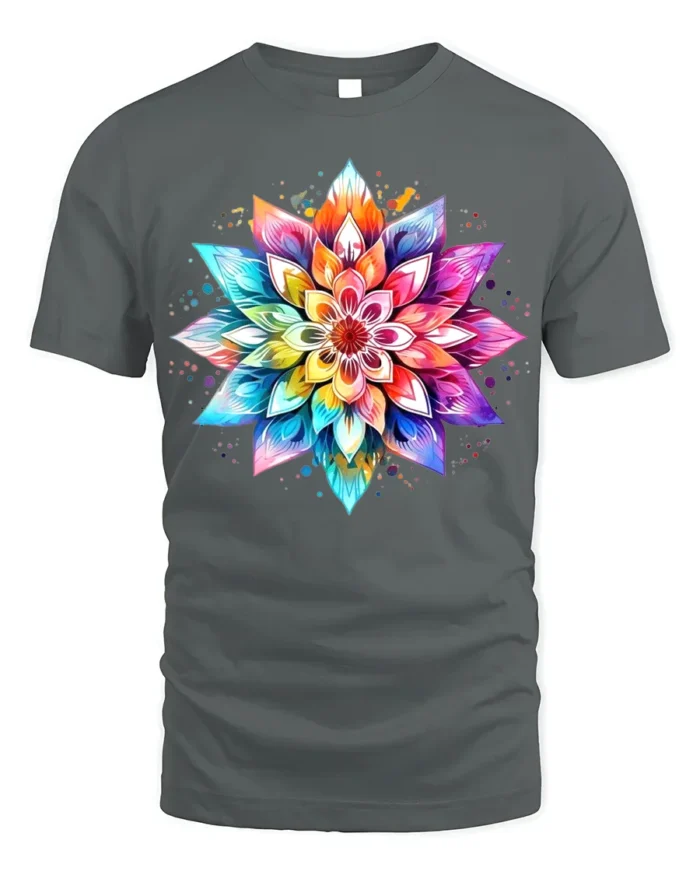Colorful Mandala Flower T-Shirt for Boho and Yoga Lovers - gray t-shirt on white background