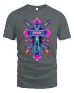 Vibrant Neon Cross Christian Faith T-Shirt for Believers - gray t-shirt on white background