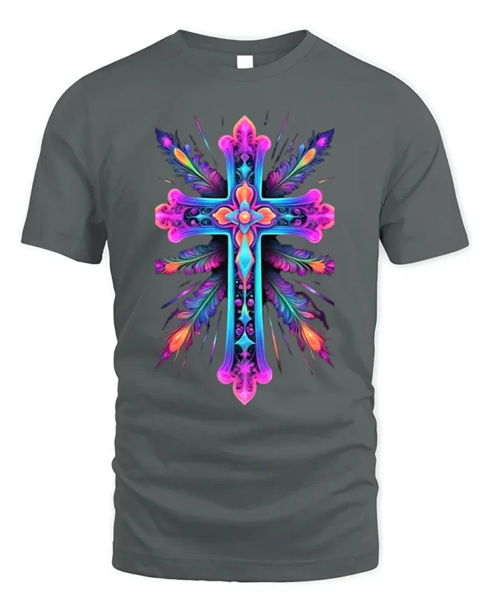 Vibrant Neon Cross Christian Faith T-Shirt for Believers - gray t-shirt on white background