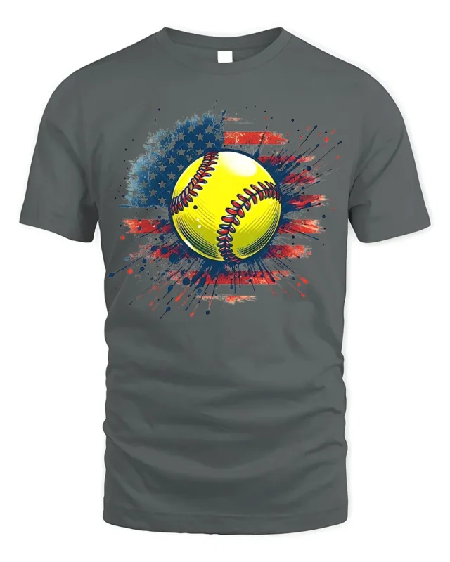 Patriotic Softball Graphic Tee 4th of July T-Shirt - gray t-shirt on white background