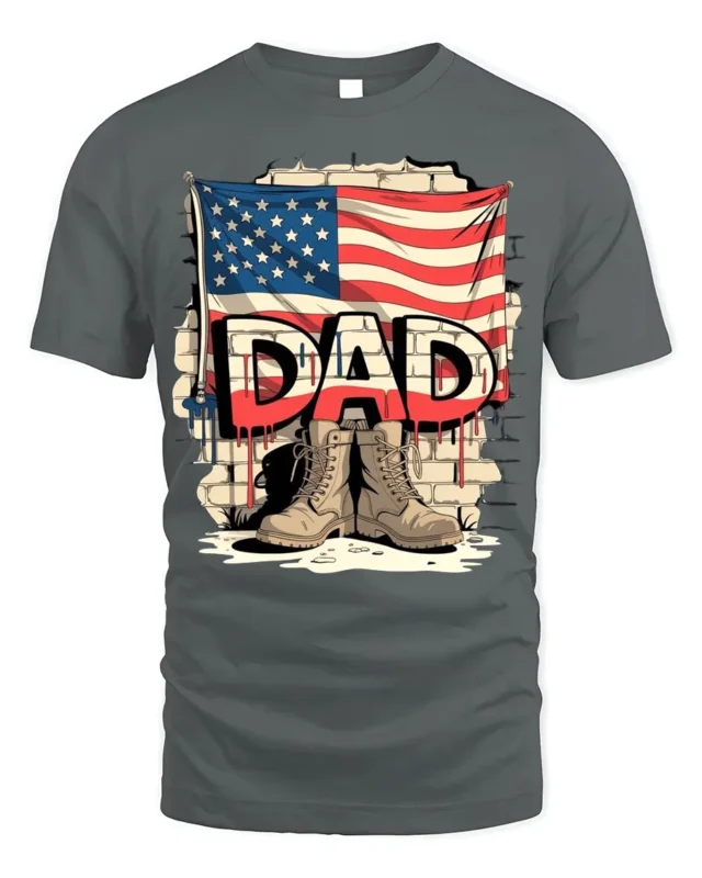 USA Flag Dad T-Shirt with Combat Boots Veteran Tribute - gray t-shirt on white background