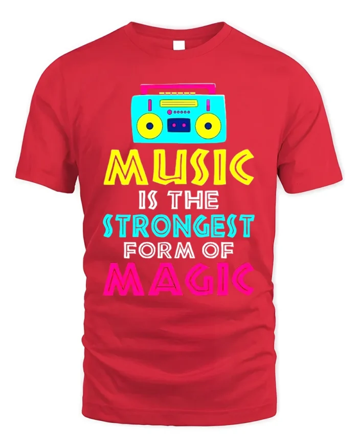 Music Is Magic T-Shirt Retro Boombox Graphic Tee - red t-shirt on white background