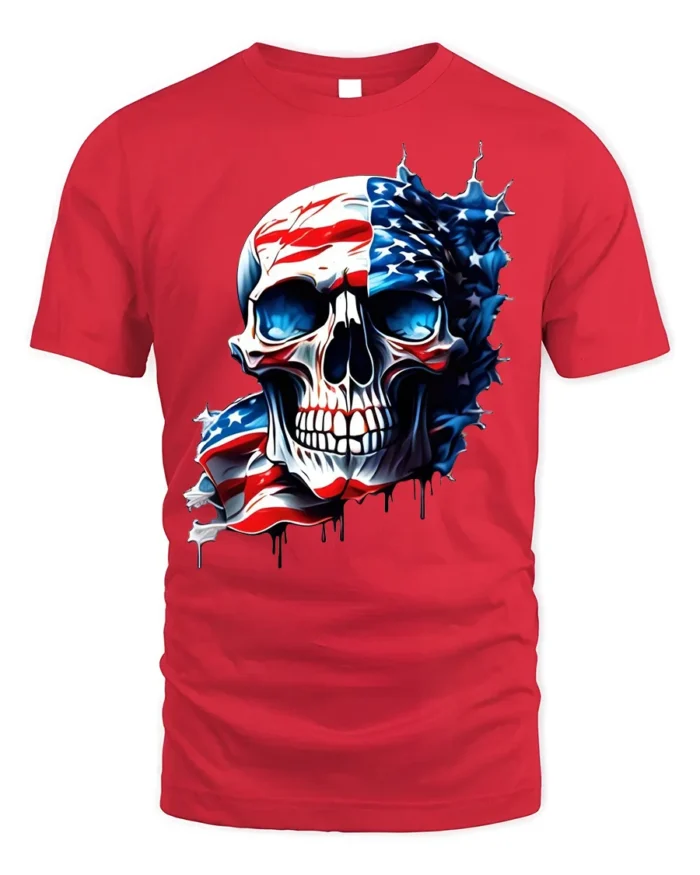 American Flag Skull T-Shirt for Men 4th of July Tee - red t-shirt on white background