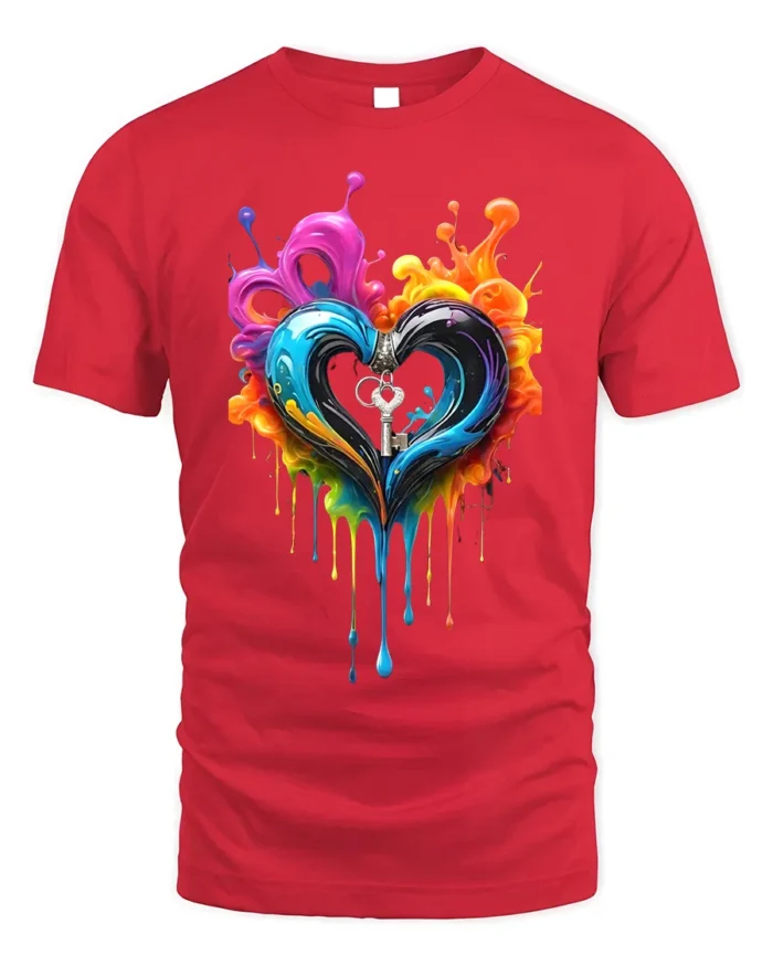 Colorful Heart Key T-Shirt Artistic Love Graphic - red t-shirt on white background