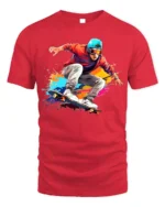 Skater Action T-Shirt Color Splash Skateboarding Graphic - red t-shirt on white background