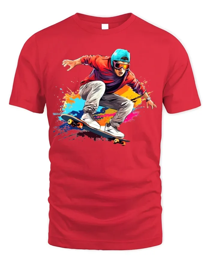 Skater Action T-Shirt Color Splash Skateboarding Graphic - red t-shirt on white background