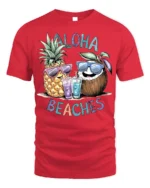 Aloha Beaches T-Shirt Funny Pineapple Coconut Beach - red t-shirt on white background
