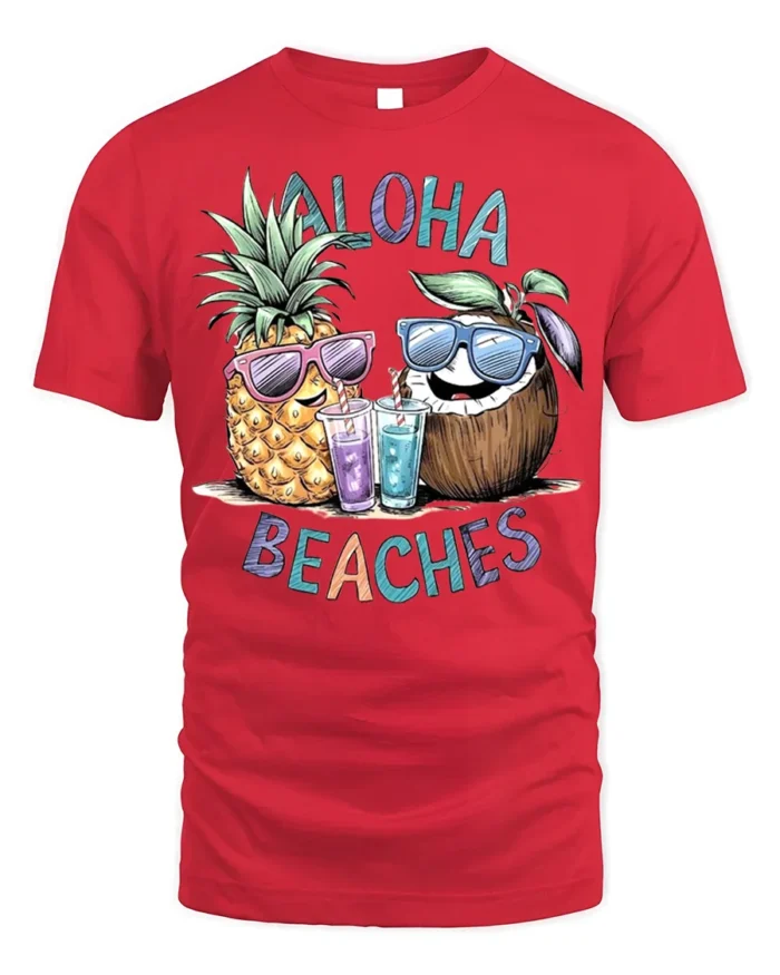 Aloha Beaches T-Shirt Funny Pineapple Coconut Beach - red t-shirt on white background