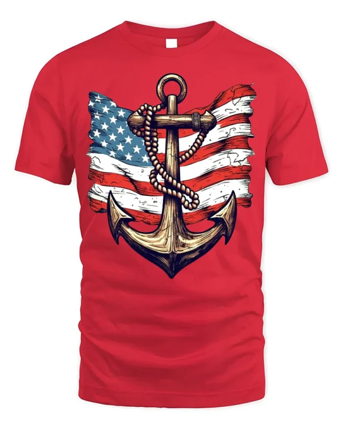 Vintage Anchor USA Flag T-Shirt 4th of July Navy Shirt - red t-shirt on white background