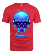 Neon Skull Headphones T-Shirt Cool DJ Glow in Dark - red t-shirt on white background