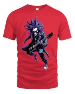 Skull Rock Guitarist T-Shirt for Metal and Rock Fans - red t-shirt on white background
