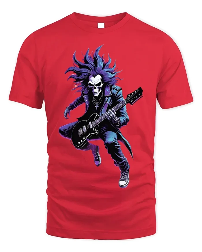Skull Rock Guitarist T-Shirt for Metal and Rock Fans - red t-shirt on white background