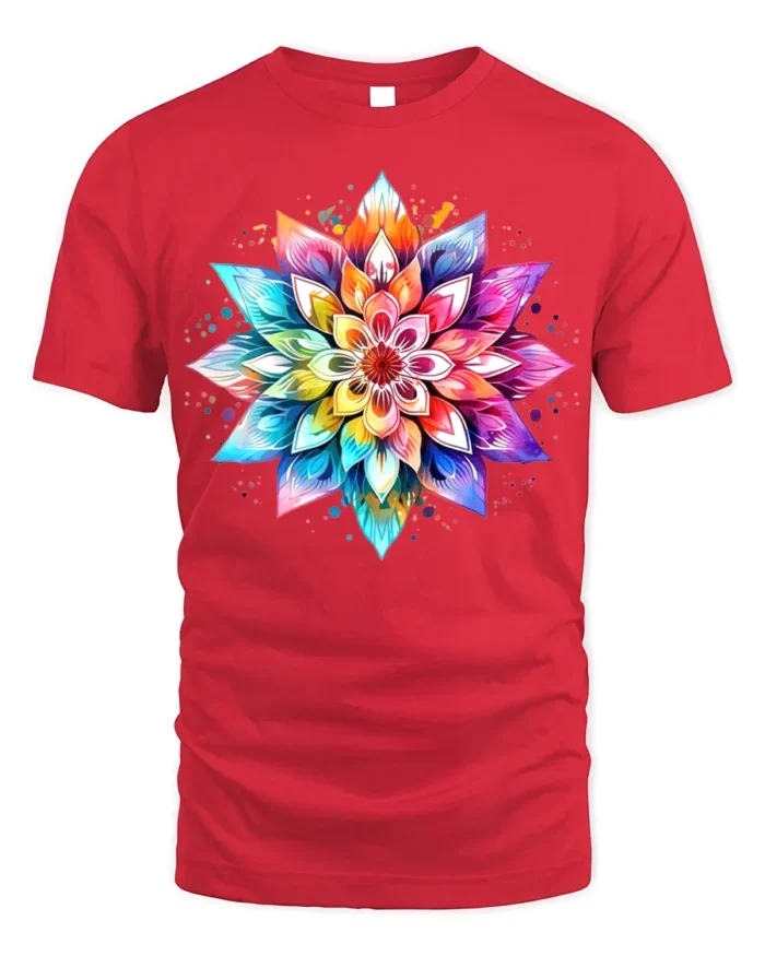 Colorful Mandala Flower T-Shirt for Boho and Yoga Lovers - red t-shirt on white background