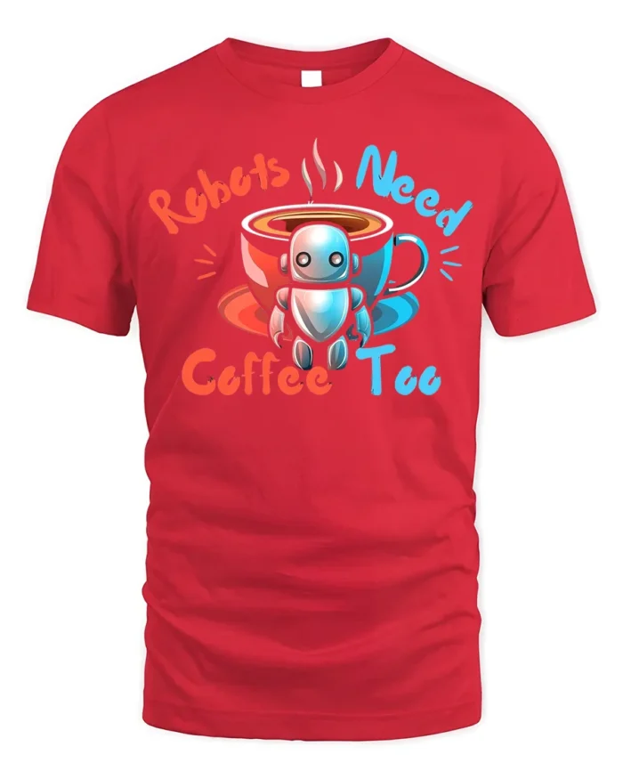 Robots Need Coffee Too Funny Graphic T-Shirt for Geeks - red t-shirt on white background