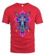 Vibrant Neon Cross Christian Faith T-Shirt for Believers - red t-shirt on white background