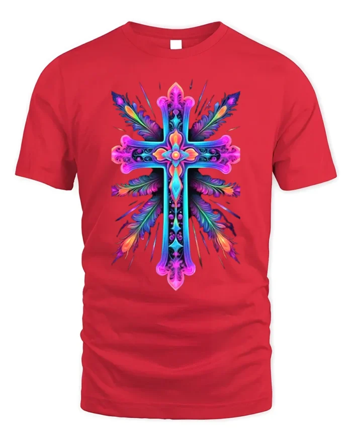 Vibrant Neon Cross Christian Faith T-Shirt for Believers - red t-shirt on white background