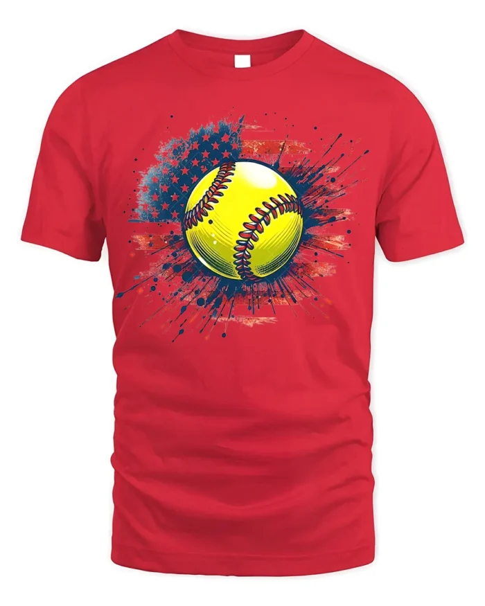 Patriotic Softball Graphic Tee 4th of July T-Shirt - red t-shirt on white background