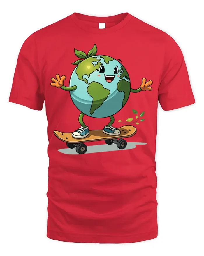 Earth Skateboarding T-Shirt Eco Friendly Planet Tee - red t-shirt on white background