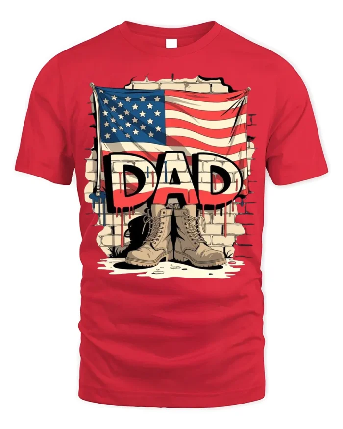 USA Flag Dad T-Shirt with Combat Boots Veteran Tribute - red t-shirt on white background