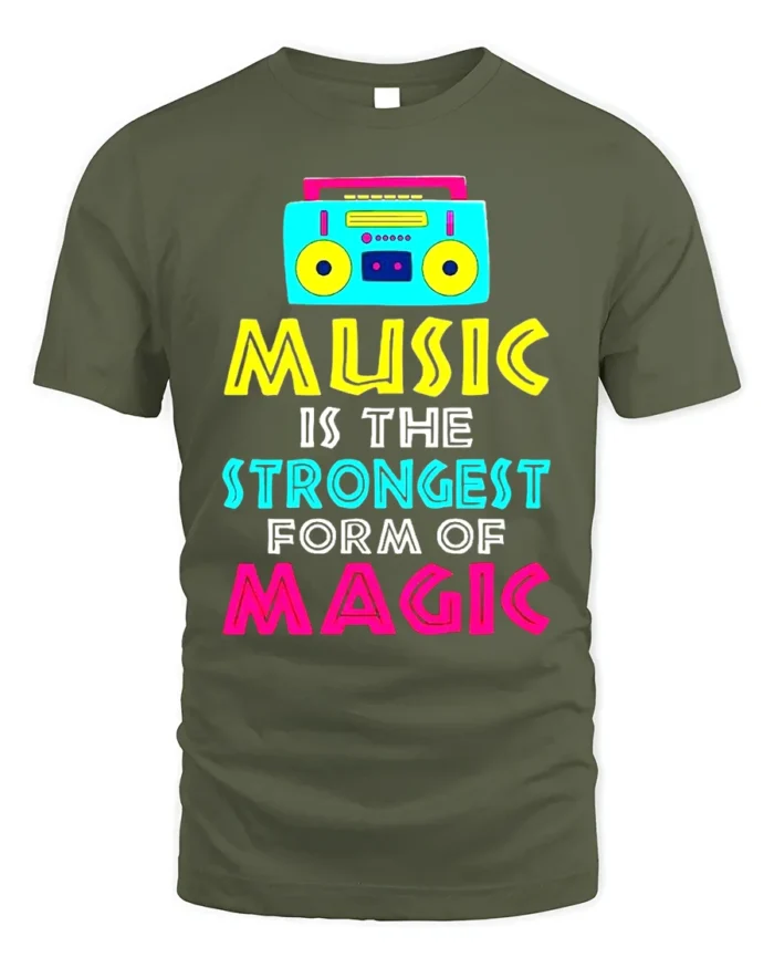 Music Is Magic T-Shirt Retro Boombox Graphic Tee - military green t-shirt on white background
