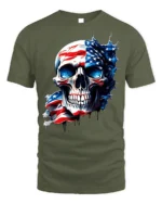 American Flag Skull T-Shirt for Men 4th of July Tee - military green t-shirt on white background