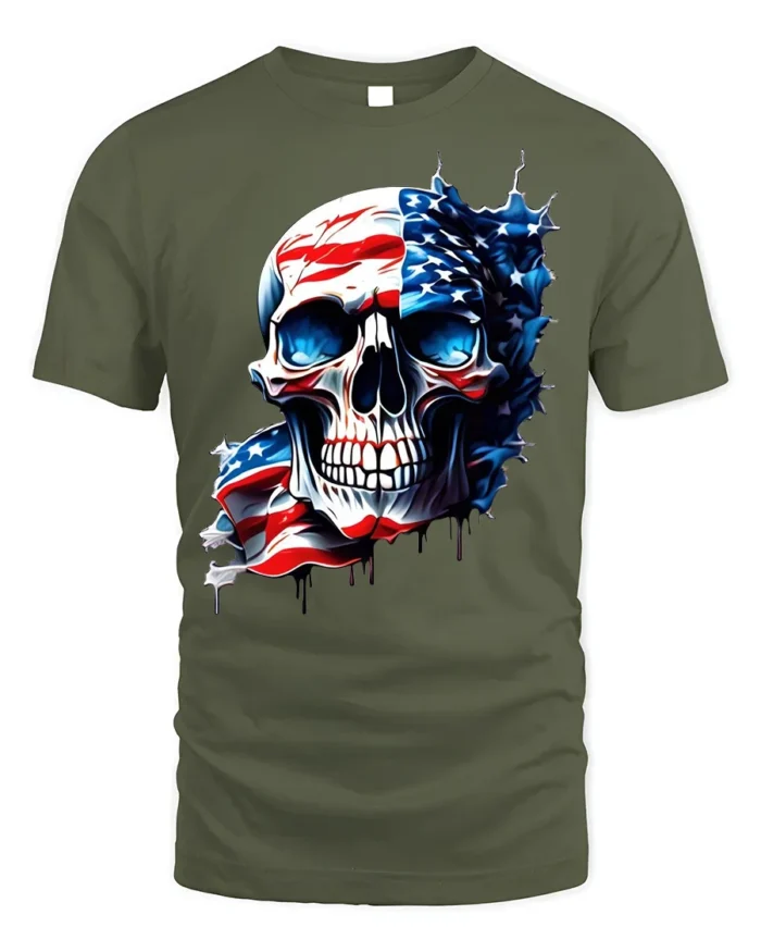 American Flag Skull T-Shirt for Men 4th of July Tee - military green t-shirt on white background