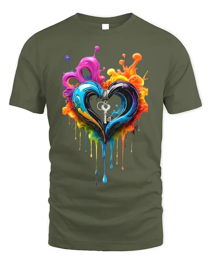 Colorful Heart Key T-Shirt Artistic Love Graphic - military green t-shirt on white background