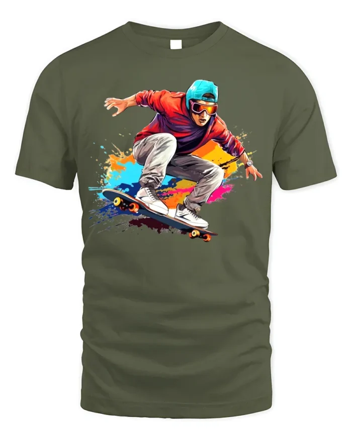 Skater Action T-Shirt Color Splash Skateboarding Graphic - military green t-shirt on white background