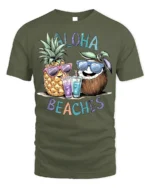 Aloha Beaches T-Shirt Funny Pineapple Coconut Beach - military green t-shirt on white background