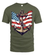 Vintage Anchor USA Flag T-Shirt 4th of July Navy Shirt - military green t-shirt on white background