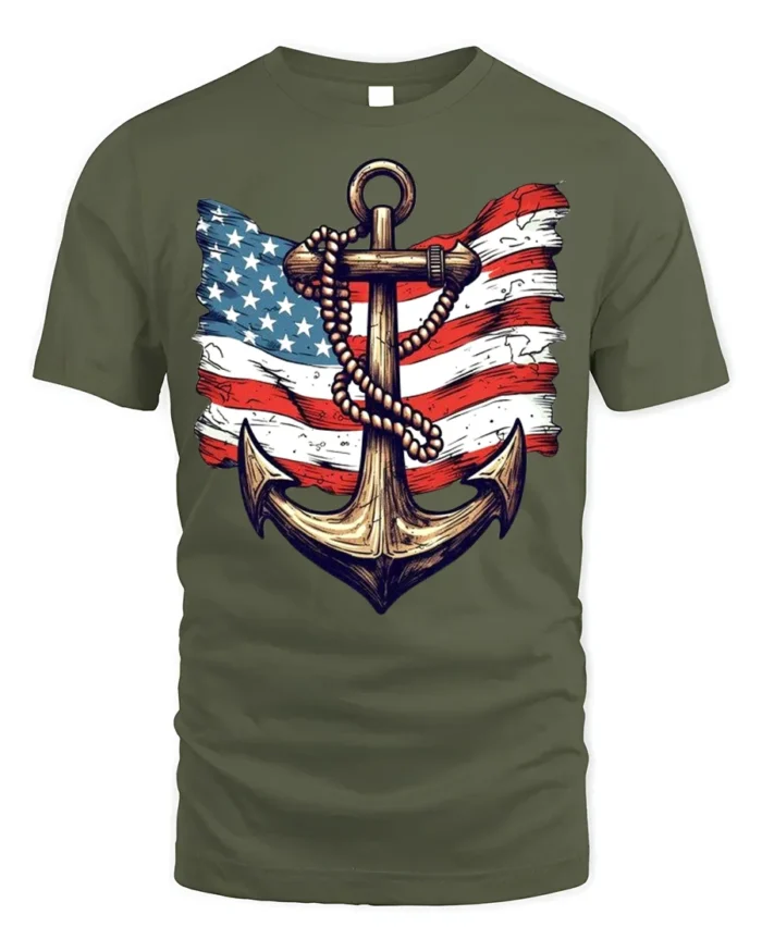 Vintage Anchor USA Flag T-Shirt 4th of July Navy Shirt - military green t-shirt on white background
