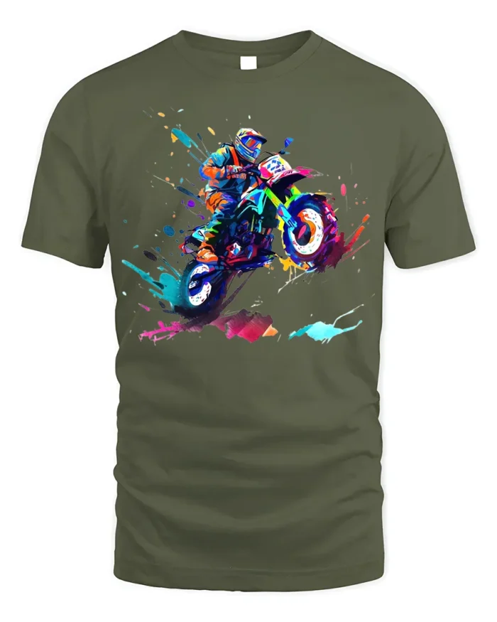 Color Splash Motocross Rider T-Shirt Extreme Dirt Bike - military green t-shirt on white background