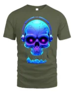 Neon Skull Headphones T-Shirt Cool DJ Glow in Dark - military green t-shirt on white background