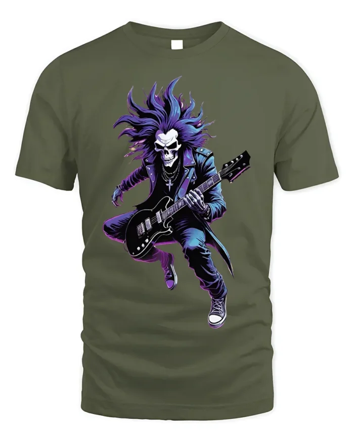 Skull Rock Guitarist T-Shirt for Metal and Rock Fans - military green t-shirt on white background