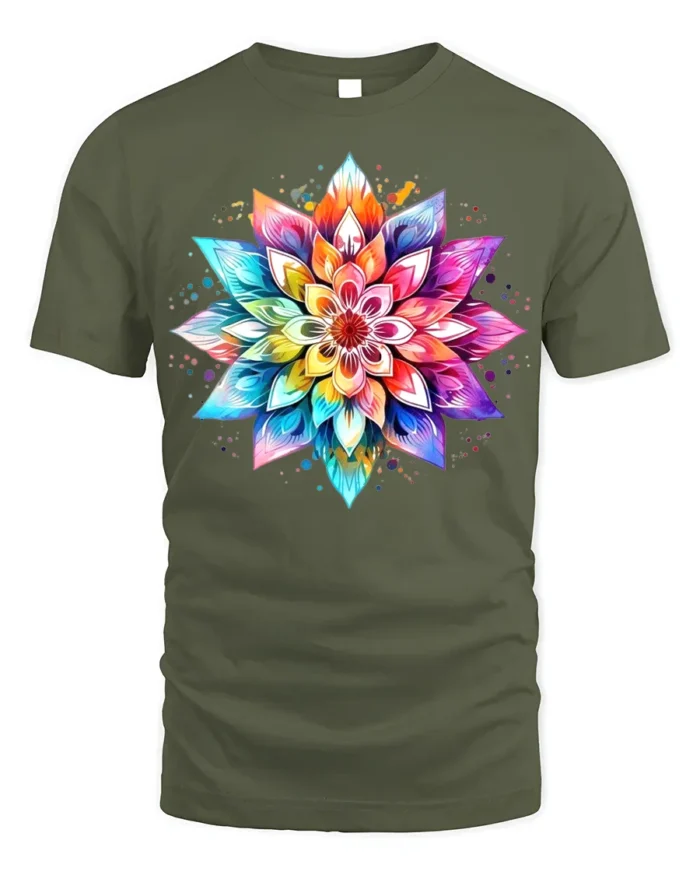 Colorful Mandala Flower T-Shirt for Boho and Yoga Lovers - military green t-shirt on white background