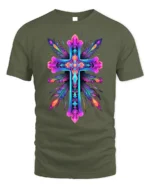 Vibrant Neon Cross Christian Faith T-Shirt for Believers - military green t-shirt on white background