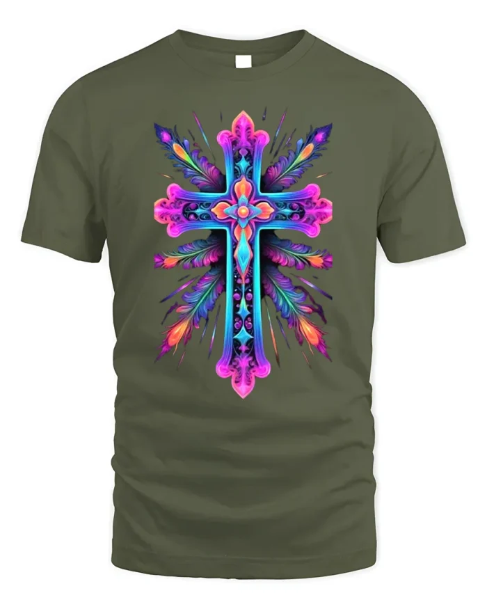 Vibrant Neon Cross Christian Faith T-Shirt for Believers - military green t-shirt on white background