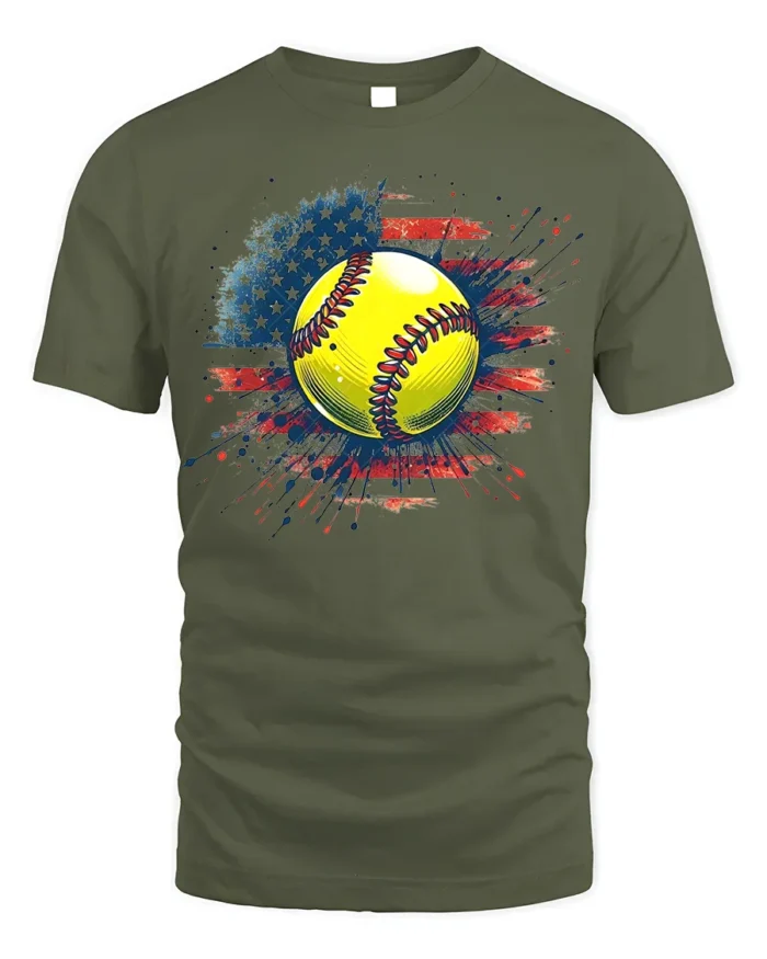 Patriotic Softball Graphic Tee 4th of July T-Shirt - military green t-shirt on white background