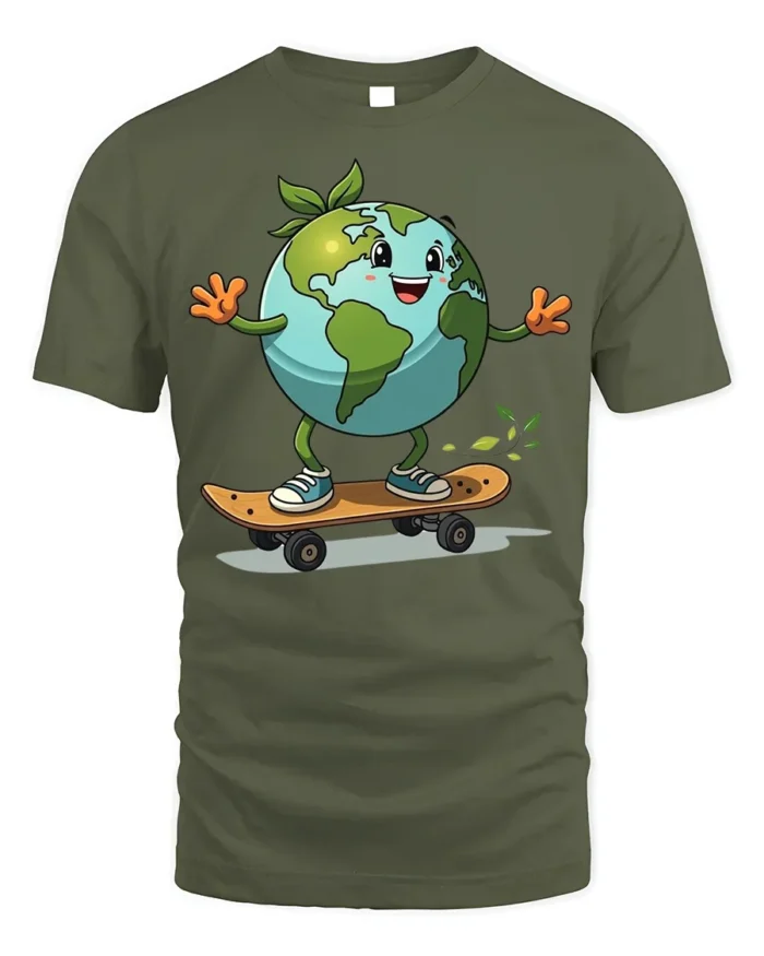 Earth Skateboarding T-Shirt Eco Friendly Planet Tee - military green t-shirt on white background