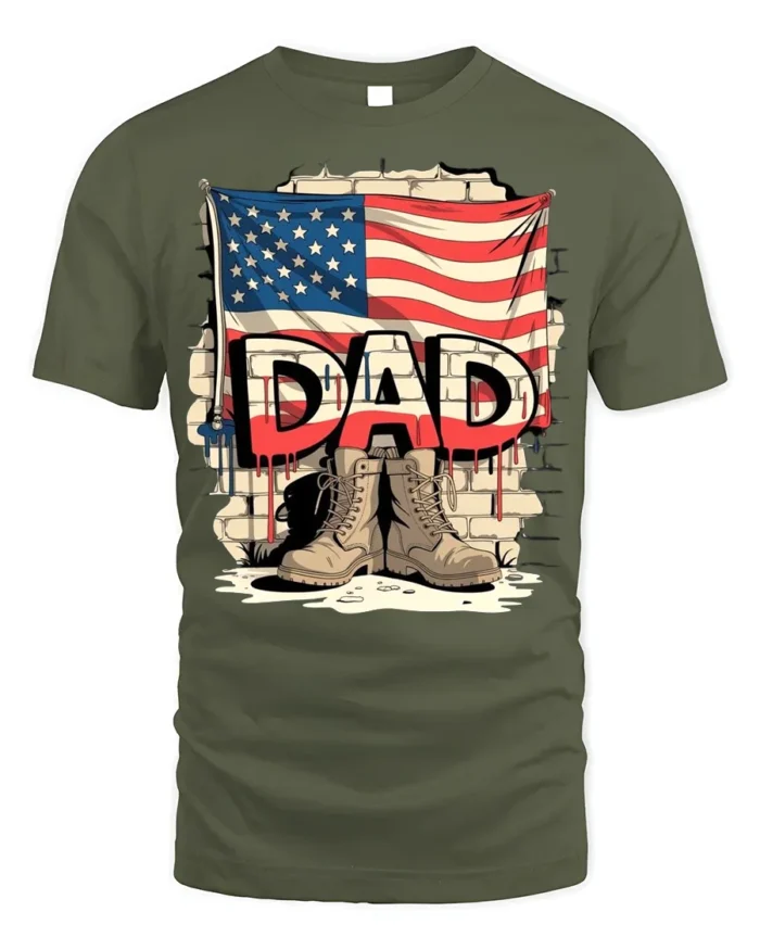 USA Flag Dad T-Shirt with Combat Boots Veteran Tribute - military green t-shirt on white background