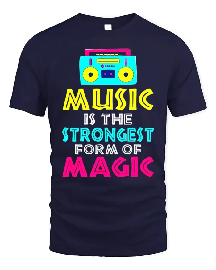 Music Is Magic T-Shirt Retro Boombox Graphic Tee - navy t-shirt on white background