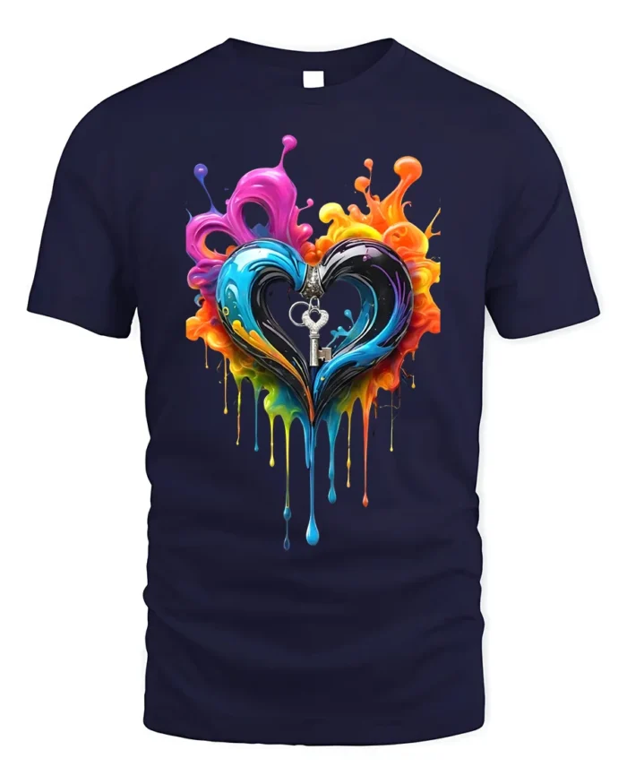 Colorful Heart Key T-Shirt Artistic Love Graphic - navy t-shirt on white background