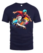 Skater Action T-Shirt Color Splash Skateboarding Graphic - navy t-shirt on white background