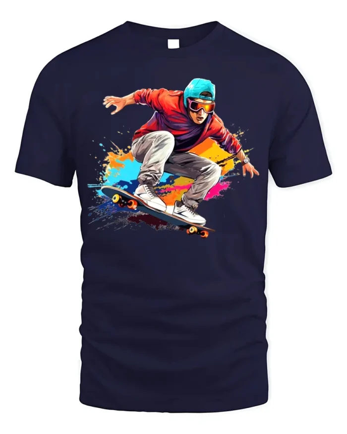 Skater Action T-Shirt Color Splash Skateboarding Graphic - navy t-shirt on white background