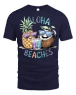 Aloha Beaches T-Shirt Funny Pineapple Coconut Beach - navy t-shirt on white background