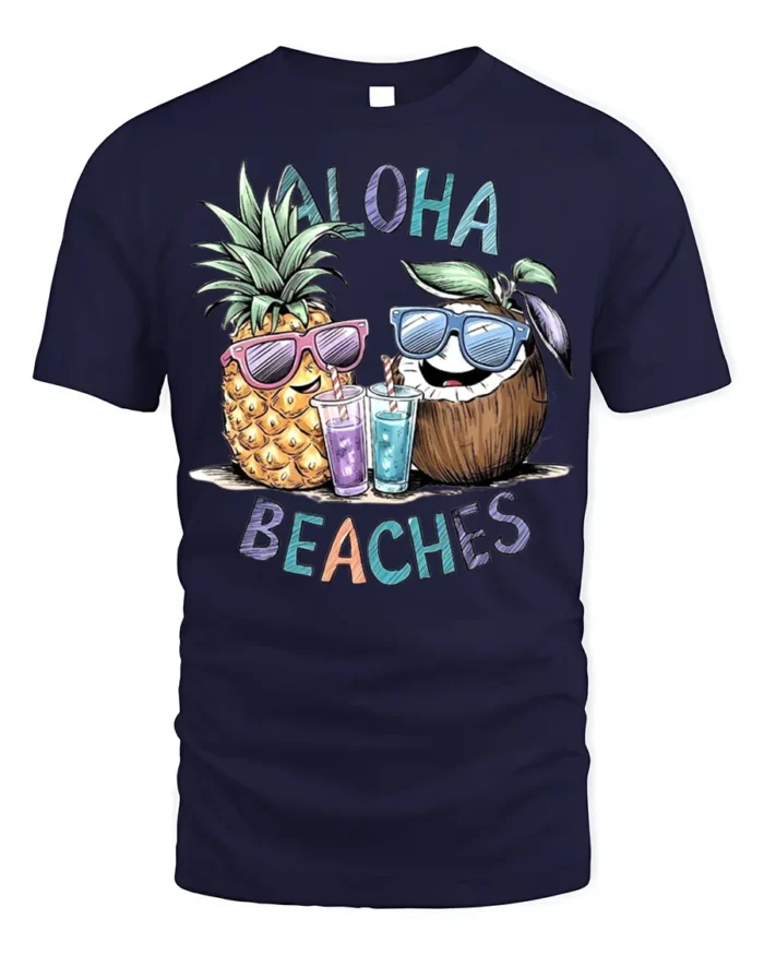Aloha Beaches T-Shirt Funny Pineapple Coconut Beach - navy t-shirt on white background