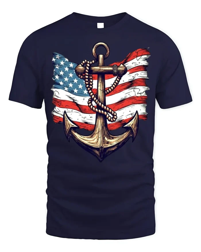 Vintage Anchor USA Flag T-Shirt 4th of July Navy Shirt - navy t-shirt on white background